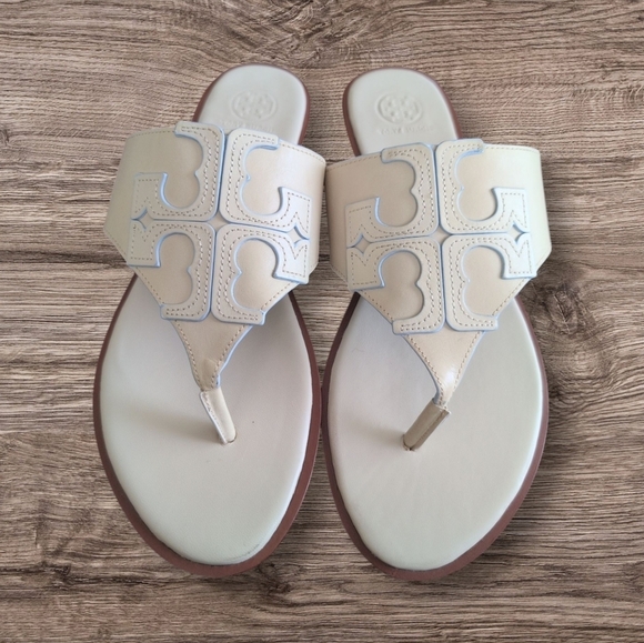 Tory Burch Jamie Dulce De Leche Full T Logo Thong Full Leather Sandals - Picture 2 of 5
